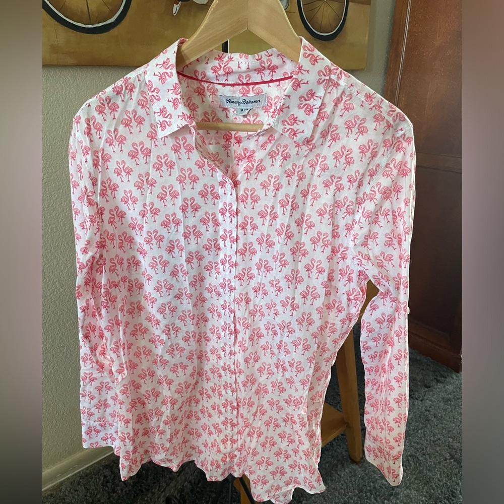 Tommy Bahama, pink flamingo patterned, long sleeve, button down shirt, M